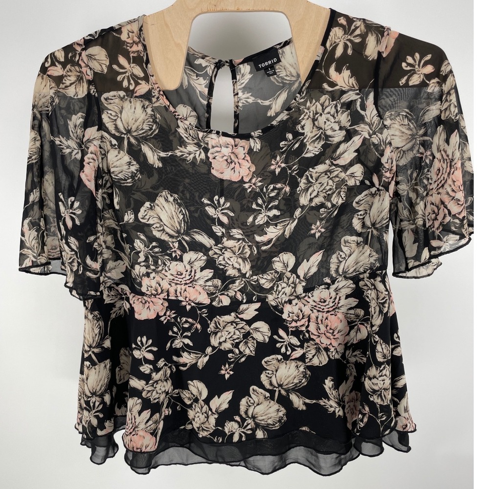 Torrid Floral Blouse Women 1 Black Pink Excellent Sheer Mesh Peplum Top